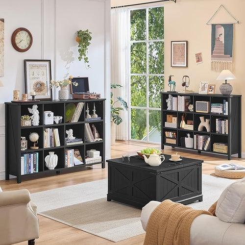 12 Cube Storage Organizer, Farmhouse 62 Inch Wide Black Oak Display Bookshelf, Wooden 3 Tier Large Open Book Shelf, Vintage Bookcase for Home Office, Cubby Cabinet for Living Room, Office