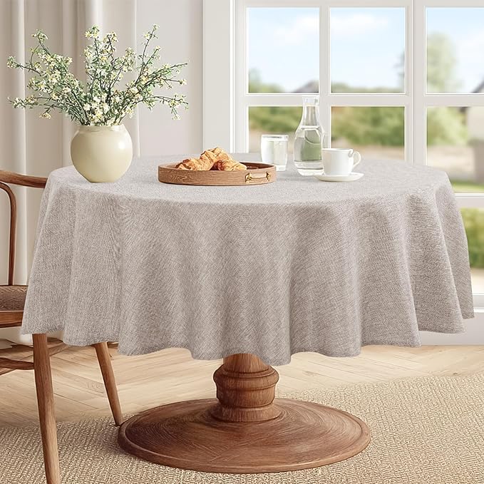 JIUZHEN Round Table Cloth Faux Linen Farmhouse Tablecloth Wrinkle and Stain Resistant Decorative Fabric Table Cover for Kitchen, Dining Room, Parties and Camping, Stone, 60 Inch Round