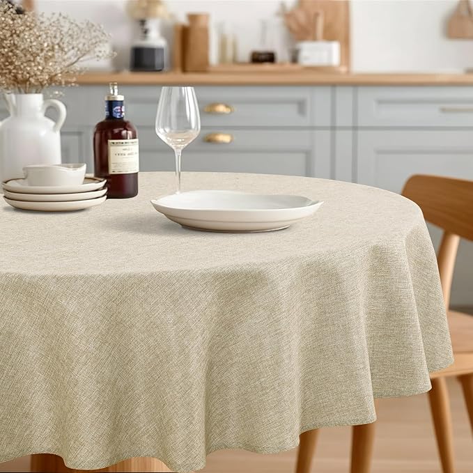JIUZHEN Round Table Cloth Faux Linen Farmhouse Tablecloth Wrinkle and Stain Resistant Decorative Fabric Table Cover for Kitchen, Dining Room, Parties and Camping, Beige, 70 Inch Round
