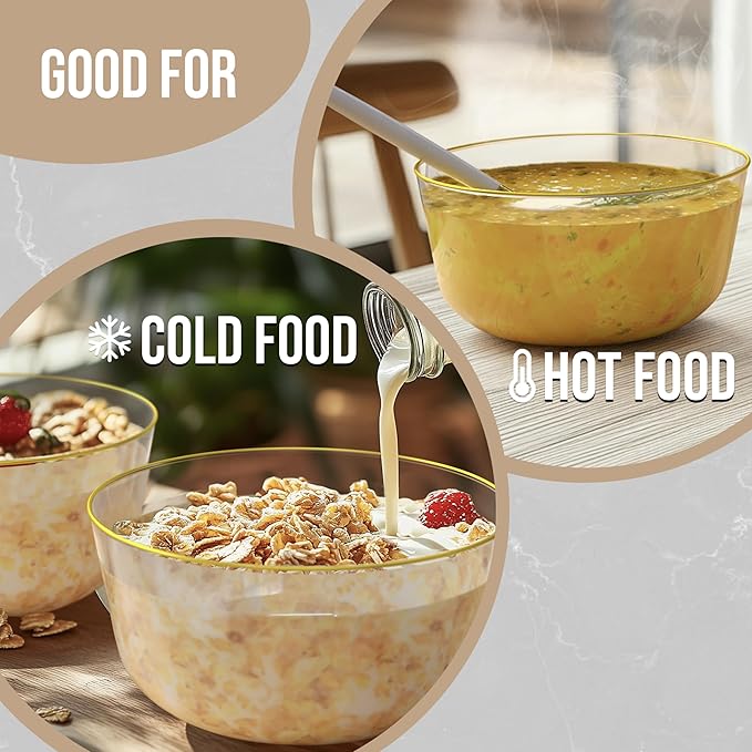 Trendables Plastic Bowls Disposable Bowls: Gold Rimmed, Salad & Serving, Ice Cream & Candy Bowls (24 Oz) - Set of 50