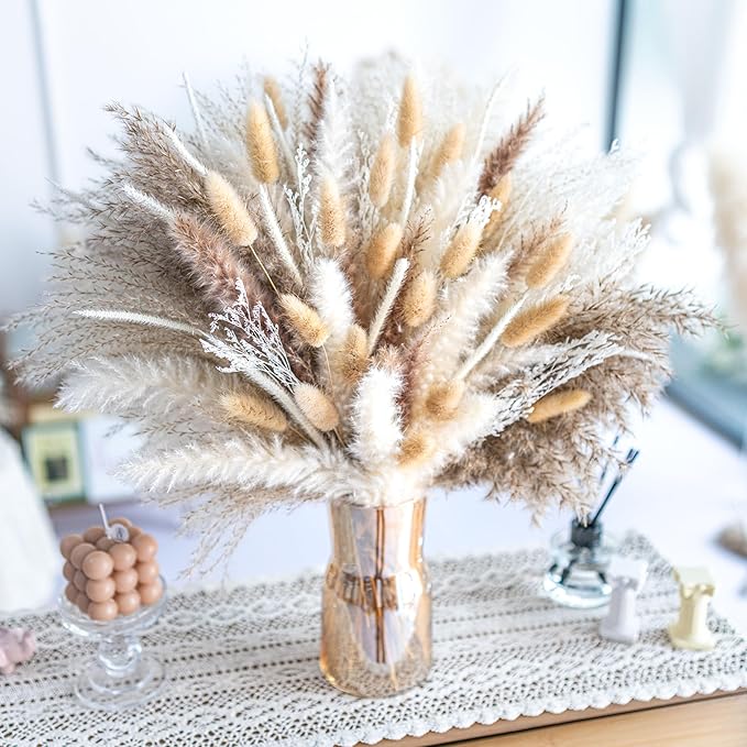 150PCS Natural Pampas Grass Bouquet |Mix Dried Flowers Bouquet for Wedding Decor Boho Decor Home Table Decor Desk Decor, Rustic Farmhouse