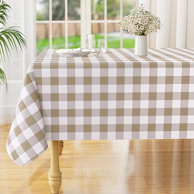 misaya Rectangle Waterproof Vinyl Table Cloth, Buffalo Flannel Backed Tablecloth, Wipeable Plastic Table Cover for Dinner, Kitchen, Outdoor (60" x 84", Khaki and White)