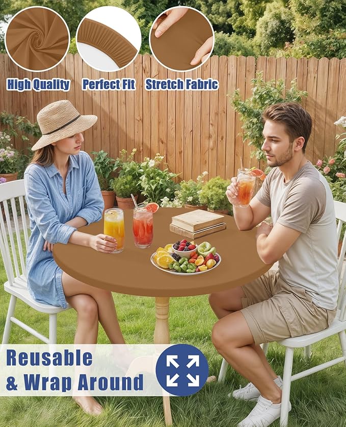 Round Spandex Tablecloth, Elastic Fitted Waterproof Tablecloths for 57"-68" Tables, Stretch Washable Picnic Table Cover for Camping, Dining, Indoor and Outdoor,Brown