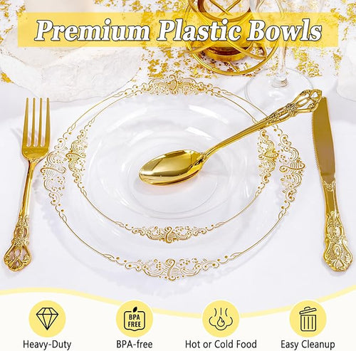 100PCS Clear Gold Plastic Bowls - 12 oz Clear Disposable Salad Bowls - Heavy Duty Disposable Soup Bowl - Fancy Plastic Ice Cream Bowl for Weddings, Parties, Dinners, Picnics,