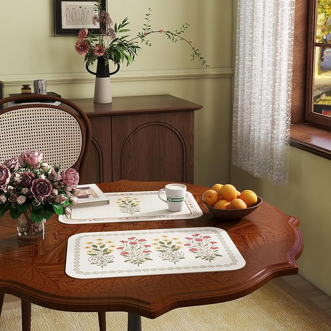 ISAENNE Design Rectangular PVC Placemats Set of 6,Colorful Floral Pattern Placemats, Waterproof and Heat-Resistant,Decoration for Kitchen, Dining, Party, Holiday,12"*17"