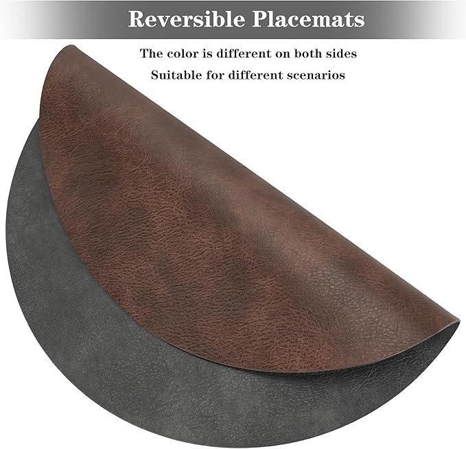 Round Placemats and Coasters Set of 6, Washable Reversible Faux Leather Placemats Cowhide Pattern Place Mats Wipeable Non-Slip 15 inch Round Kitchen Dining Table Mats (Gray Dark Coffee, 6)