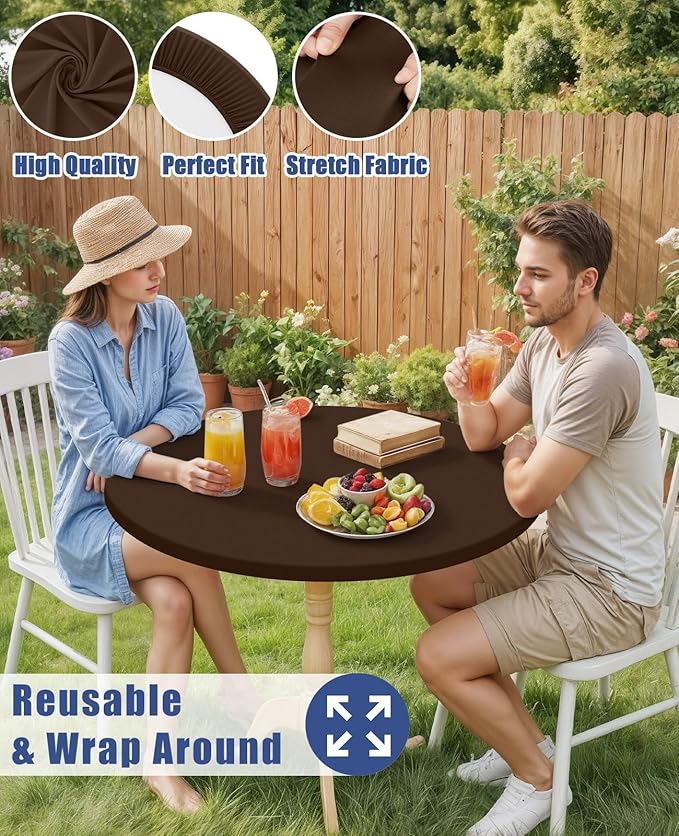 Round Spandex Tablecloth, Elastic Fitted Waterproof Tablecloths for 57"-68" Tables, Stretch Washable Picnic Table Cover for Camping, Dining, Indoor and Outdoor, Coffee