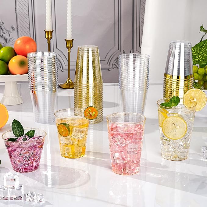 Goodluck 10 oz 50 PCS Gold Glitter Plastic Cups, Disposable Glitter Cups, Elegant Plastic Cocktail Glasses, Fancy Party Cups for Wedding, Birthday, Holiday