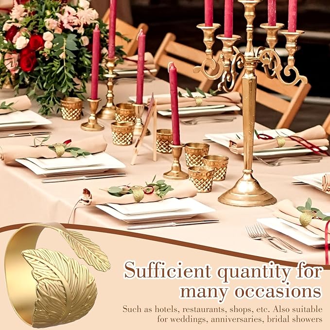 Bokon 100 Pcs Gold Napkin Rings for Wedding Shiny Metal Napkin Holder Study Leaf Shaped Table Decor for Dinner Parties Celebrations Receptions Thanksgiving Easter Christmas