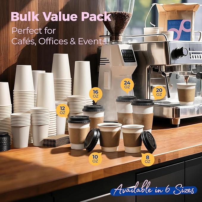 Fit Meal Prep 50 Pack 12 oz Disposable Coffee Cups with Lids, Sleeves, Leak-Proof To Go Coffee Cups with Lids, Durable Paper Cups for Hot Beverage, Home, Office, Party