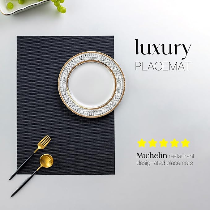 LEXMORE Placemats Set of 8 Vinyl/Plastic Woven Place Mats for Kitchen Table Indoor/Outdoor Washable Placemat Wipeable Dining Table Mats(Black)