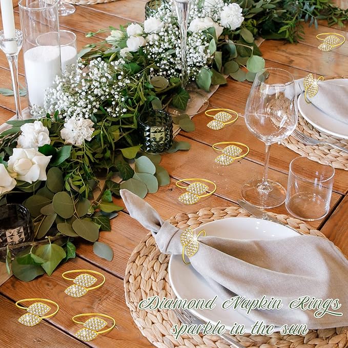 Hotop 12 Piece Valentine's Day Napkin Rings Gold Table Decorations, Elegant Bling Leaves Napkin Rings, Rhinestone Guest Towels Buckle for Holiday Gather Party, Wedding Dinner Banquet Table Decoration