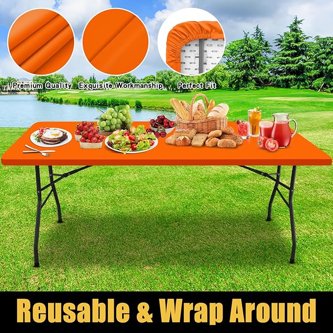 Smiry Rectangle Picnic Table Cloth, Waterproof Elastic Fitted Tablecloths for 5 Foot Tables, Washable Polyester Table Cover for Camping, Indoor and Outdoor (Orange, 30"x60")
