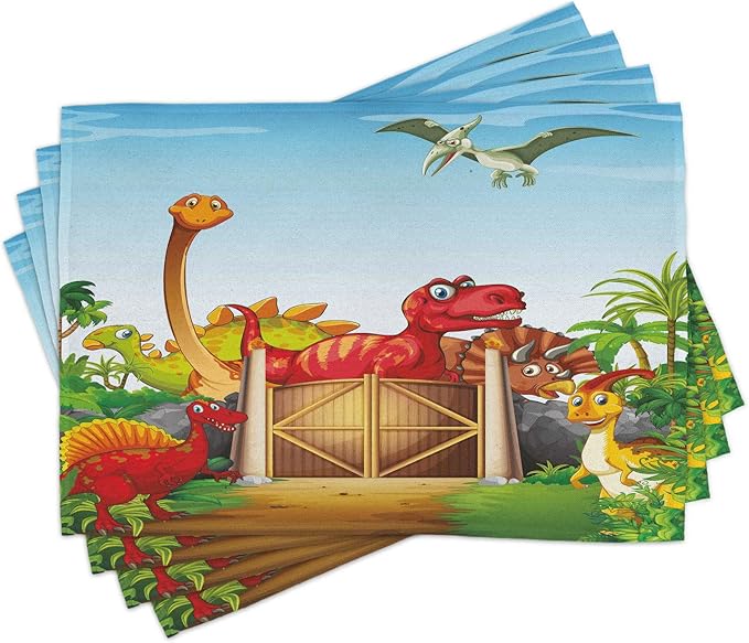 Ambesonne Dino Place Mats Set of 4, Cartoon Style Dinosaurs in a Dino Park Jungle Trees Wildlife Habitat Illustration, Washable Fabric Placemats for Dining Table, Standard Size, Rust Blue