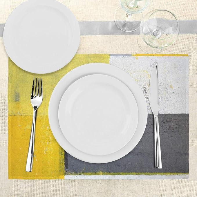 Ambesonne Grey and Yellow Place Mats Set of 4, Street Art Modern Grunge Abstract Design Squares, Washable Fabric Placemats for Dining Table, Standard Size, Charcoal Yellow