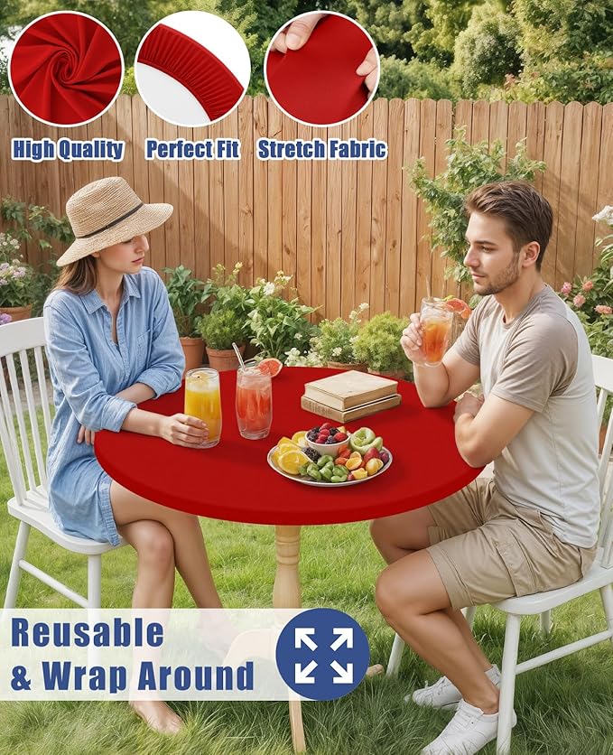 Round Spandex Tablecloth, Elastic Fitted Waterproof Tablecloths for 57"-68" Tables, Stretch Washable Picnic Table Cover for Camping, Dining, Indoor and Outdoor, Red