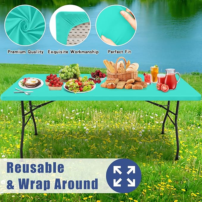 Spandex 5 Foot Rectangle Table Cloth 2 Pack, Elastic Fitted Tablecloths for Picnic, Stretch Washable Patio Table Cover for Outdoor, Camping, Banquet and Parties(Aqua Blue, 30"x60")
