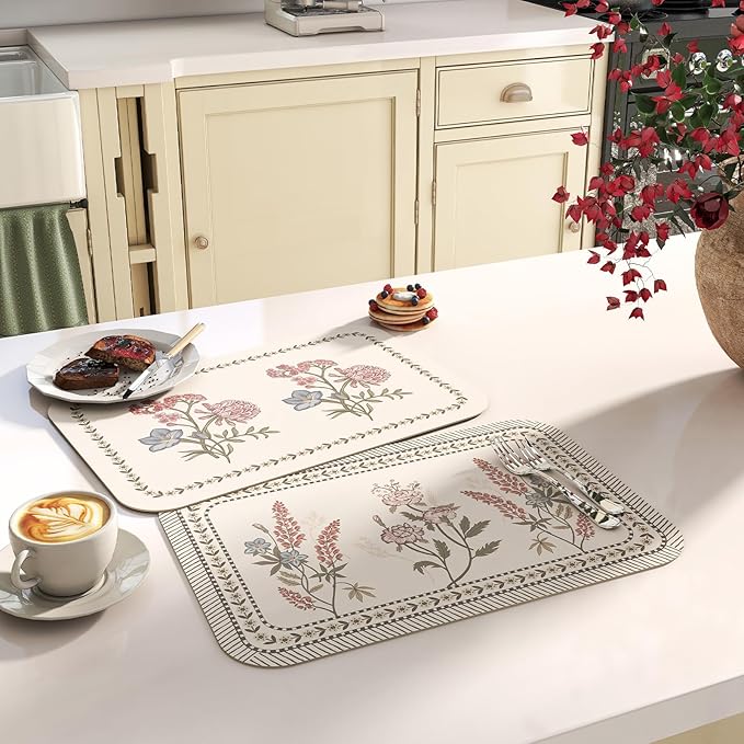 ISAENNE French Cottage Floral Rectangle PVC Placemats Set of 6, Waterproof and Heat-Resistant Place Mats.Decoration for Kitchen, Dinning, Parties, Holiday,12"*17"