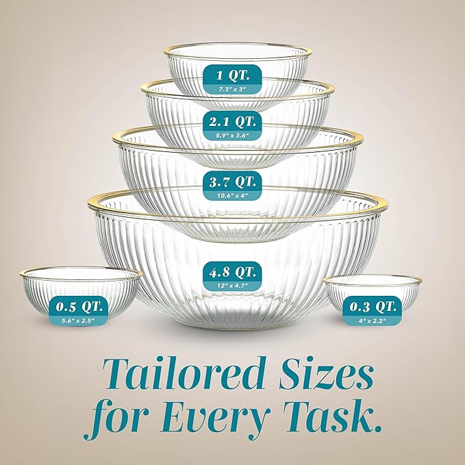 COOK WITH COLOR 12 Pc Glass Mixing Bowl Set with Lids – Borosilicate Glass Nesting Bowls for Cooking, Baking and Meal Prep, Fluted with Gold Rim