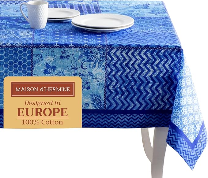 Maison d' Hermine Table Cloth Square Table 100% Cotton 60 x 60 Inches Tablecloth Reusable Decorative for Dining Room Farmhouse Home Valentines Day Decorations Spring Summer - Indigo Love