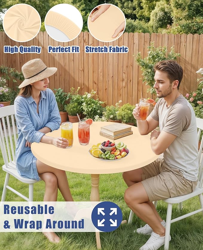 Round Spandex Tablecloth, Elastic Fitted Waterproof Tablecloths for 42"-50" Tables, Stretch Washable Picnic Table Cover for Camping, Dining, Indoor and Outdoor,Ivory