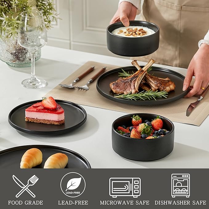 Stoneware Salad Plates Set of 4, 8 Inch Plates for Dessert, Ceramic Plates Sets, Microwave Safe, Dishwasher Safe, Versatile for All Seasons, Matte Black