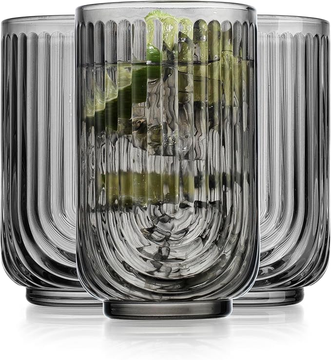 Glaver's Vintage Glassware Art Deco Glasse Ribbed Drinking Glasses U-Shape Arch Design Colored Cocktail Kitchen Tumblers Everyday Dinner Decorative Party (Smoke S/4 17oz)
