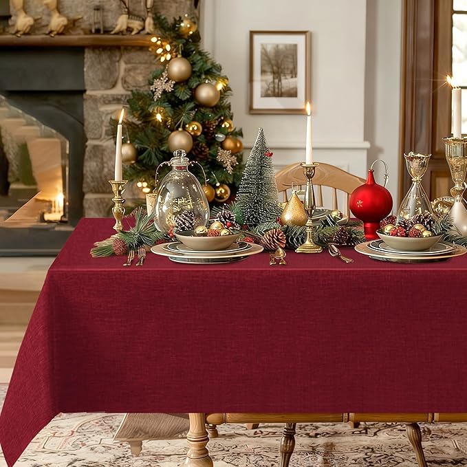 Hiasan Faux Linen Rectangle Tablecloth - Wrinkle and Stain Resistant Washable Table Cloth for Kitchen Dining Room Holiday Table Cover for Dinner, Red, 70 x 108 Inch