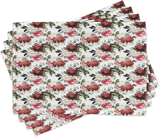 Ambesonne Shabby Flora Place Mats Set of 4, Country Style Floral Flower Roses Watercolor Image Art, Washable Fabric Placemats for Dining Table, Standard Size, Coral Maroon