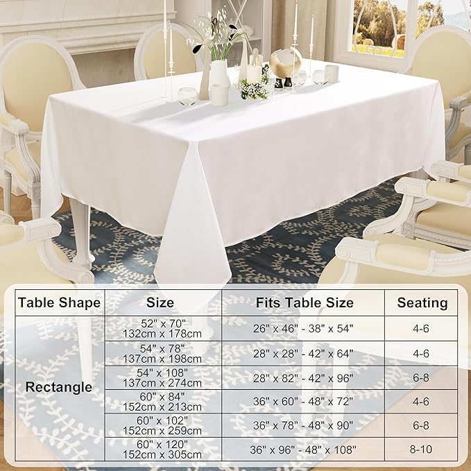 Smiry 4 Pack Rectangle Table Cloth, Waterproof Anti-Scratch Polyester Tablecloth, Decorative Washable Fabric Table Cover for Dining, Buffet, Parties and Outdoor, 60x120, White
