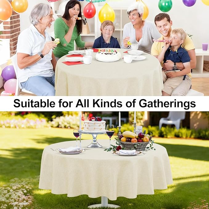 JIUZHEN Round Table Cloth Faux Linen Farmhouse Tablecloth Wrinkle & Stain Resistant Table Cover for Kitchen Dining, Holiday Party Dinner, Champagne, 108 Inch Round
