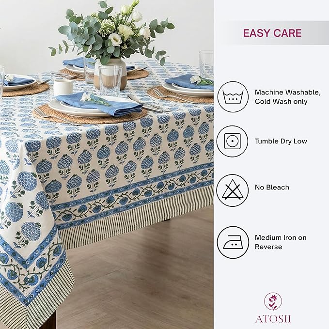 ATOSII Roma Blue 100% Cotton Rectangle Fall Tablecloth, Handblock Floral Print Linen Table Cloth for Kitchen Dining I Parties Outdoors Weddings Holidays I 72 X 140 Inches I 12 Seater