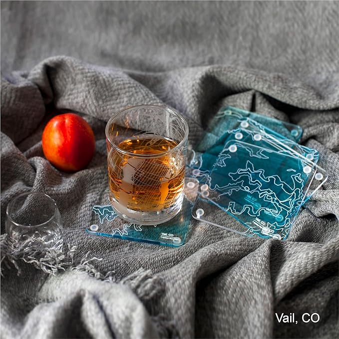 St. Moritz, Swiss 3D Contour Map Glass Drink Coasters of Mountains, Ski Resort, Set of 6 with Holder, Housewarming Birthday Gifts, Home Decor