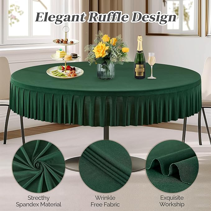 4 Pack Hunter Green Spandex Round Tablecloths for 60 Inch Tables, Stretchy Fitted 5FT Cloths, Wrinkle-Free Cover With Skirt for Wedding, Party, Dining, Banquet