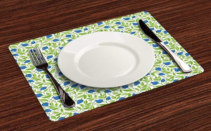 Ambesonne Fruits Place Mats Set of 4, Flowering Blueberry Blossoms Vivid Leaf Branches Nature Plants Design, Washable Fabric Placemats for Dining Table, Standard Size, Violet Blue Lime Green