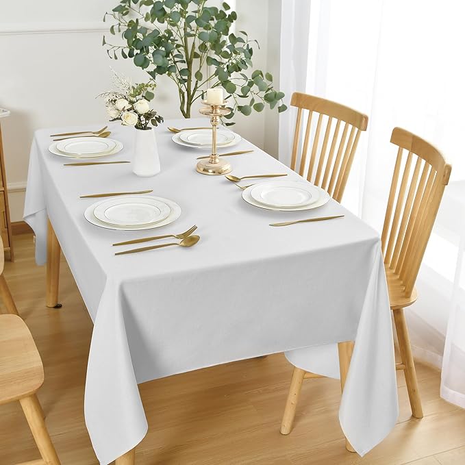 JIUZHEN Faux Linen Farmhouse Tablecloth Rectangular, Wrinkle Stain Resistant Table Cloth Rectangle Table Cover for Kitchen Dining, Holiday Party Dinner, White, 60 x 102 Inch