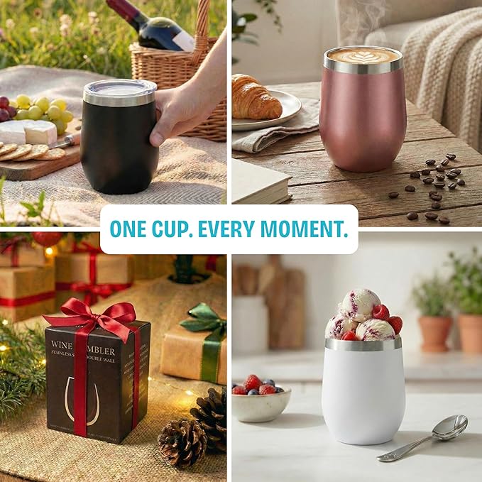 CHILLOUT LIFE 12 oz Stainless Steel Wine Tumbler with Lid - Double Wall Vacuum Insulated Wine Cup Glass Keeping Cold & Hot for Coffee, Champagne, Cocktails, Ice Cream - Colorful Rainbow