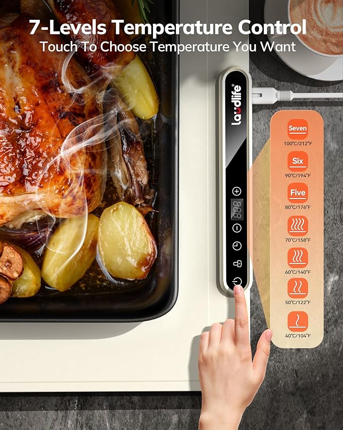 Food Warming Mat 24x16 Inches, Electric Warming Tray with 7 Temps, Foldable Food Warmer for Parties, Buffets, Family Gatherings, Holiday & Sabbath, Child Lock, Heating Mat for Food, Beige