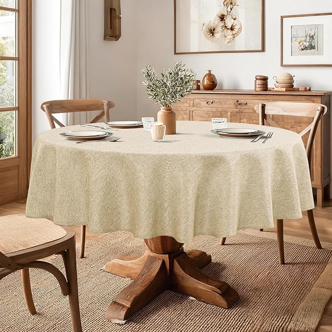 JIUZHEN Round Table Cloth Faux Linen Farmhouse Tablecloth Wrinkle and Stain Resistant Decorative Fabric Table Cover for Kitchen, Dining Room, Parties and Camping, Beige, 120 Inch Round