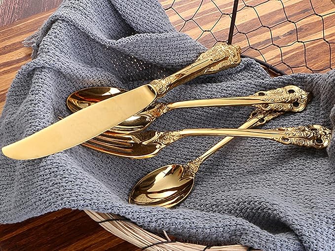 Gold Silverware Set 18/10 Stainless Steel Flatware Sets Palace Style 40 Piece Delicate Cutlery Set for 10 Durable Home Kitchen Wedding Tableware Utensil Include Knifes Teaspoons Forks and Spoons