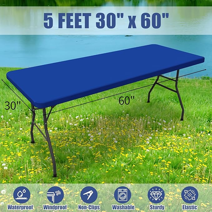 Spandex 5 Foot Rectangle Table Cloth 2 Pack, Elastic Fitted Tablecloths for Picnic, Stretch Washable Patio Table Cover for Outdoor, Camping, Banquet and Parties (Blue, 30"x60")