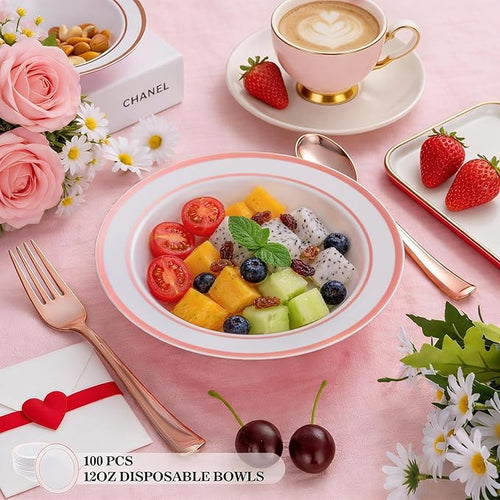 100 Pack White Disposable Soup Bowls with Rose Gold Rim,12oz Disposable Soup Bowls,Disposable Soup Dessert Salad Bowls for Wedding/Party/Catered Events/Valentine's Day