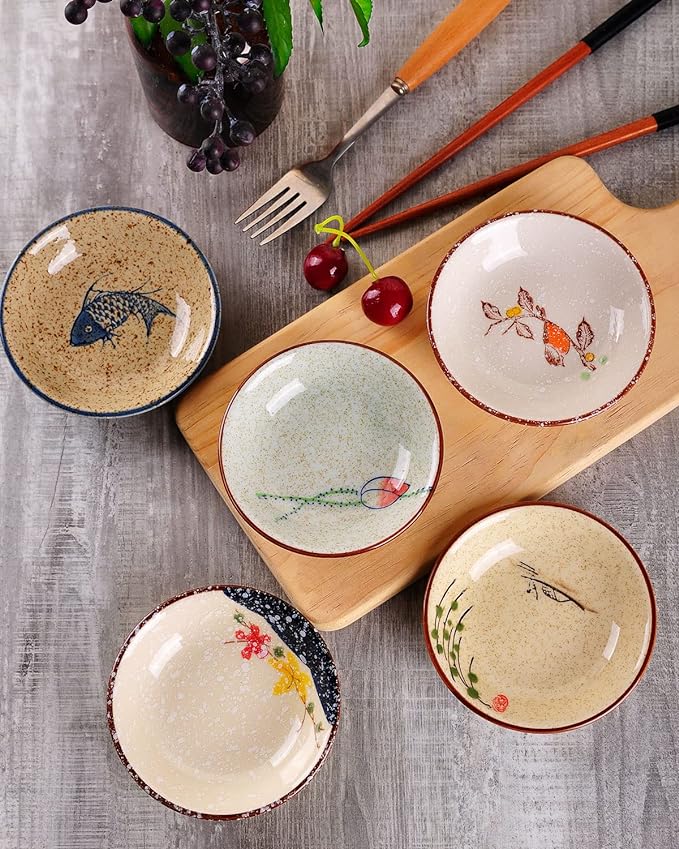 WHJY Japanese Retro Porcelain Side Dish Ceramic Side Dishes Bowl Seasoning Dishes Soy Dipping Sauce Dishes - Set of 5