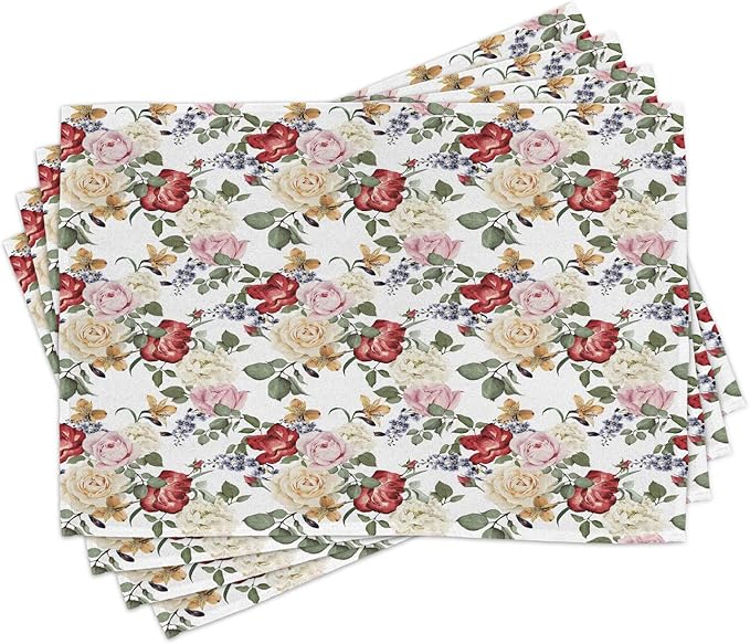 Ambesonne Shabby Flora Place Mats Set of 4, Summer Spring Season Buds Roses Lilacs Flowers Leaves Print, Washable Fabric Placemats for Dining Table, Standard Size, Pale Pink Cream
