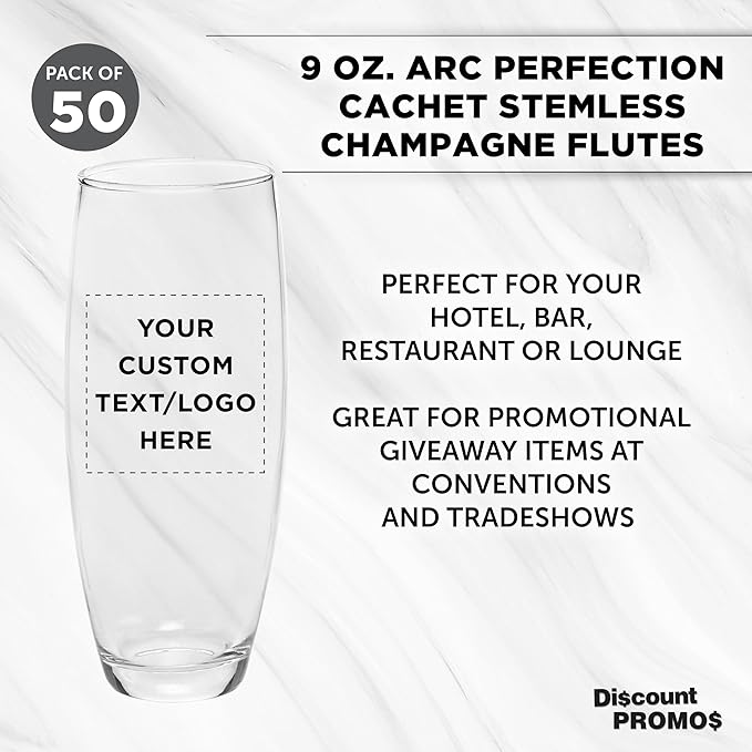 DISCOUNT PROMOS 50 ARC Stemless Champagne Flutes Set, 9 oz. - Customizable Text, Logo - Cachet, Glassware, Cocktails - Clear