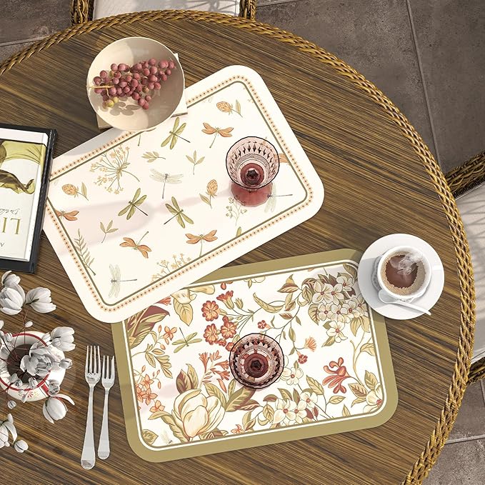 ISAENNE Dragonfly Print PVC Placemats Set of 6,Rectangular Green Placemat, Waterproof and Heat-Resistant Floral Pattern,Decoration for Kitchen,Dinning,Parties, Holiday,12"*17"