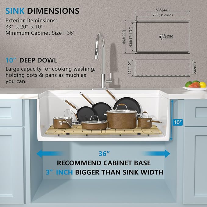 33"x20" White Farmhouse Sink Workstation – Reversible Flat Apron Front with Ledge, White Porcelain Ceramic Fireclay Single Bowl Luxury Farm Kitchen Sink Basin