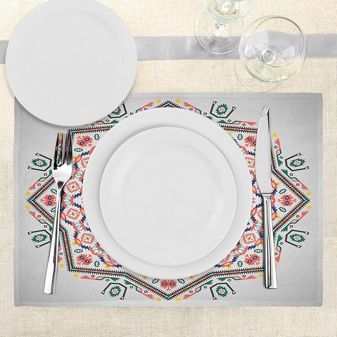 Ambesonne Tribal Place Mats Set of 4, Abstract Style Themed Boho Sun Pattern Art Print on Greyscale Background, Washable Fabric Placemats for Dining Table, Standard Size, Turquoise Coral