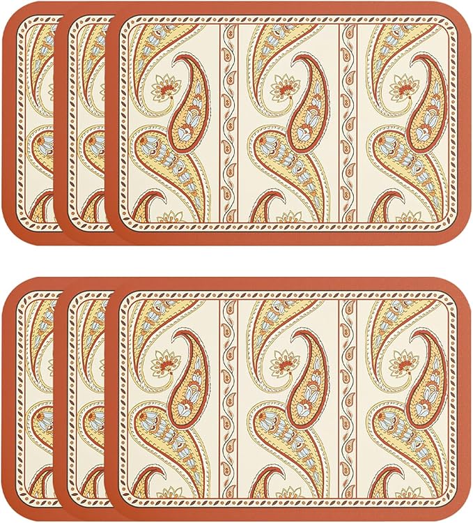 ISAENNE Designer Paisley PVC Placemats Set of 6, Red Classic Pattern Rectangular Placemat, Waterproof and Heat-Resistant Paisley Style,Decoration for Kitchen,Party,Dinning, New Year,12"*17"