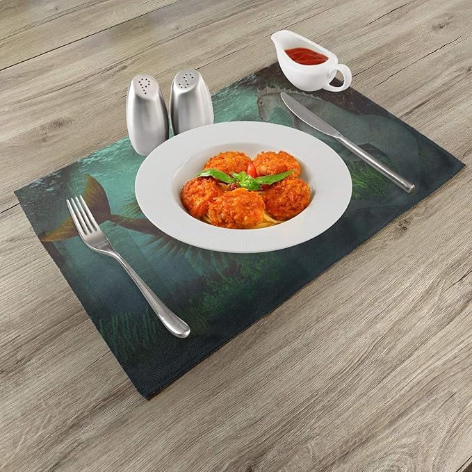 Ambesonne Mermaid Place Mats Set of 4, Mermaid Meets Seahorse Underwater World Fantasy Design, Washable Fabric Placemats for Dining Table, Standard Size, Green Aqua